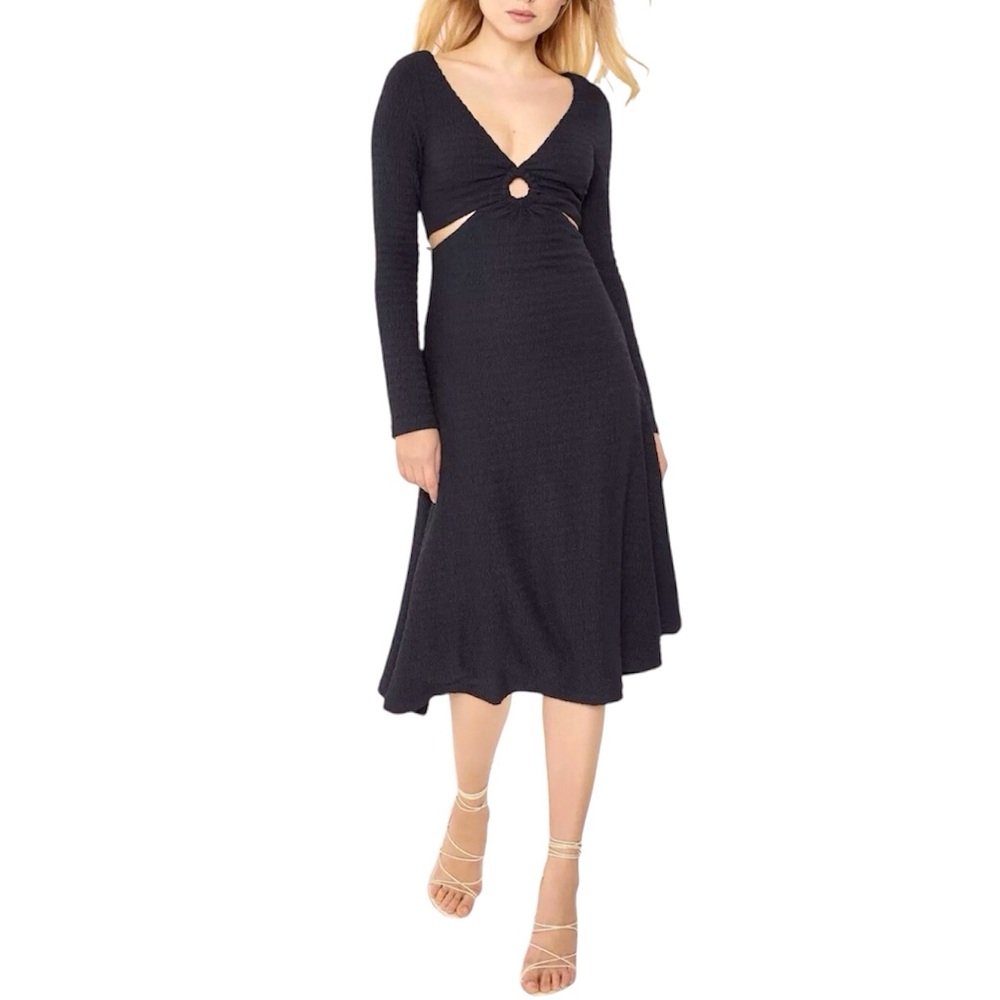 LIKELY Cutout Waist Dress Black Knit Eila Midi Long Sleeve Size 10